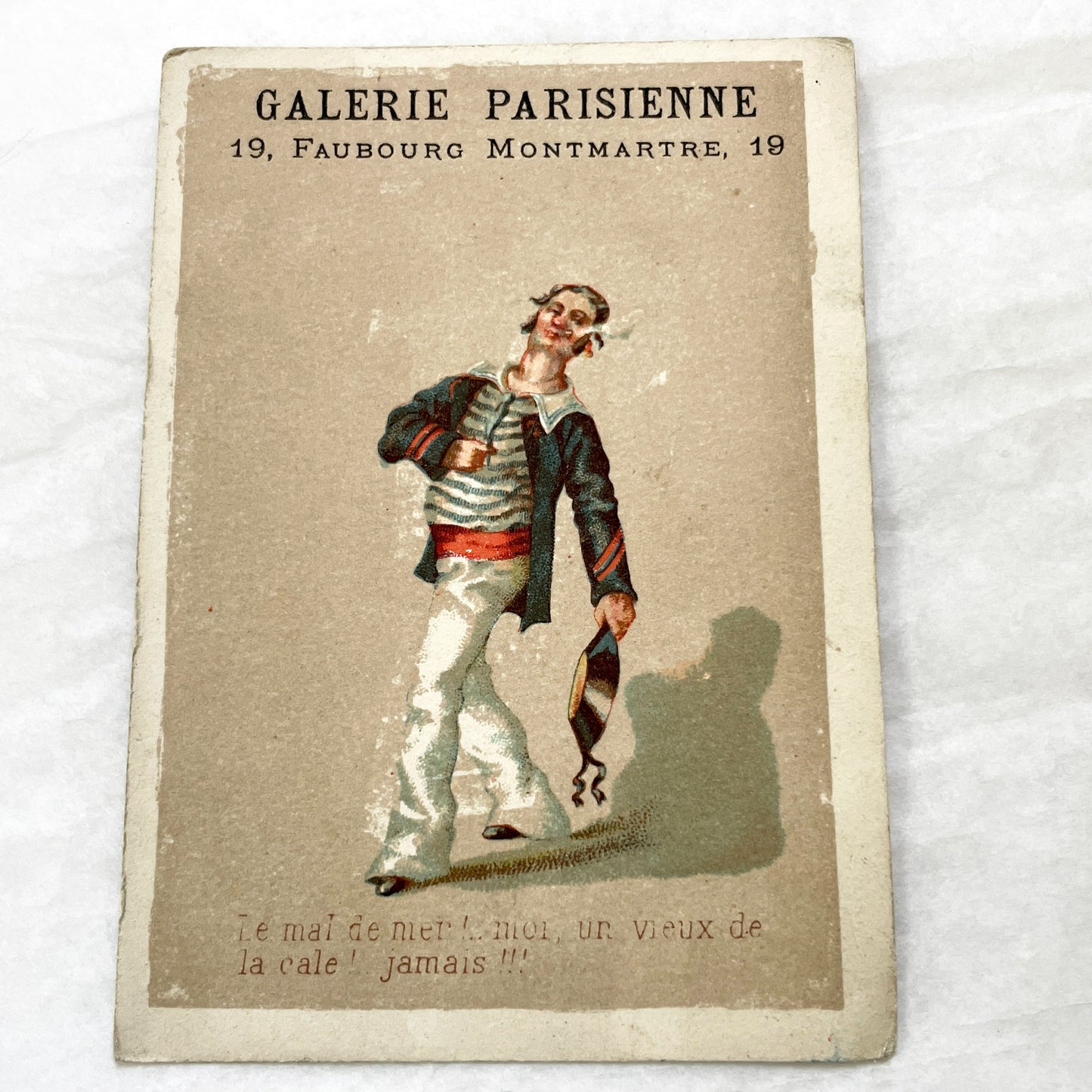 Late 19th - 2 Trade Cards - Parisian Haberdashery Advertising Chromos - Humorous Sailor and Strongman Illustrations - Vintage Ephemera