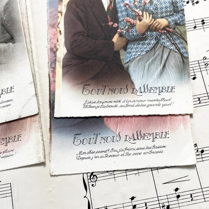 1940s - Romantic Vintage Postcards Set - Four French Love Chromos - Mid-Century Sentimental Couple Art - Collectible Paper Ephemera