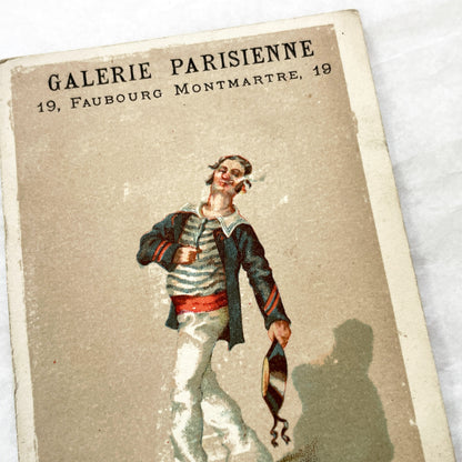 Late 19th - 2 Trade Cards - Parisian Haberdashery Advertising Chromos - Humorous Sailor and Strongman Illustrations - Vintage Ephemera