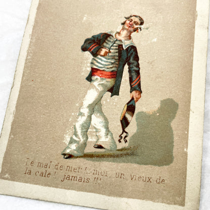 Late 19th - 2 Trade Cards - Parisian Haberdashery Advertising Chromos - Humorous Sailor and Strongman Illustrations - Vintage Ephemera