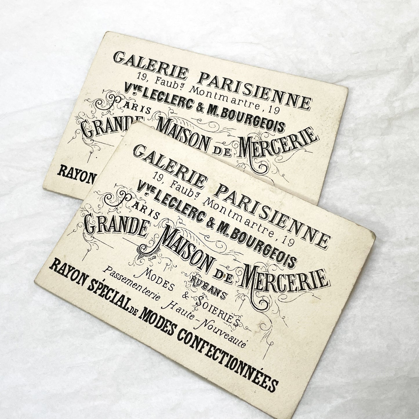 Late 19th - 2 Trade Cards - Parisian Haberdashery Advertising Chromos - Humorous Sailor and Strongman Illustrations - Vintage Ephemera