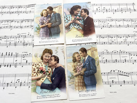1940s - Vintage French Romantic Postcards - Set of Four Art Cards - Antique Love Couple Illustrations - Nostalgic Wall Decor