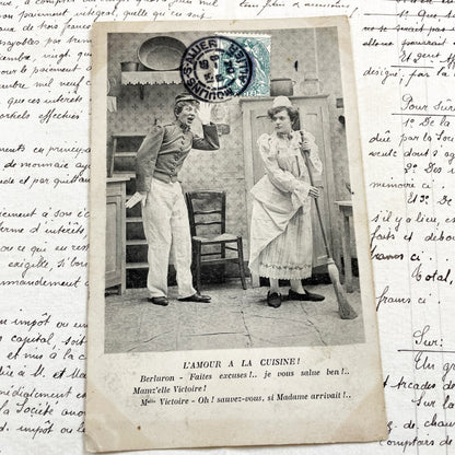 1900s - Antique French Humorous Postcard - Antique French Comic Postcard – “L’Amour à la Cuisine!” – Humorous Scene with Dialogue