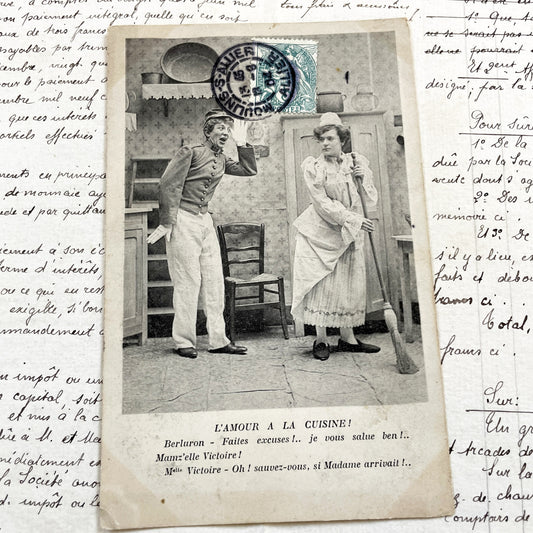 1900s - Antique French Humorous Postcard - Antique French Comic Postcard – “L’Amour à la Cuisine!” – Humorous Scene with Dialogue