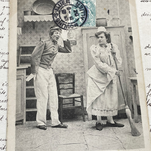1900s - Antique French Humorous Postcard - Antique French Comic Postcard – “L’Amour à la Cuisine!” – Humorous Scene with Dialogue