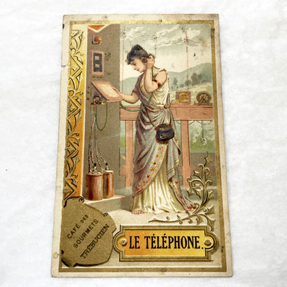Late 19th - Antique French Chromo Card - Gourmets Coffee Advertising - Elegant Woman on Telephone - Historical Communication
