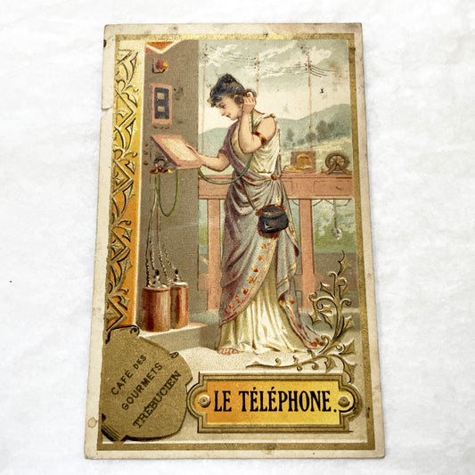 Late 19th - Antique French Chromo Card - Gourmets Coffee Advertising - Elegant Woman on Telephone - Historical Communication
