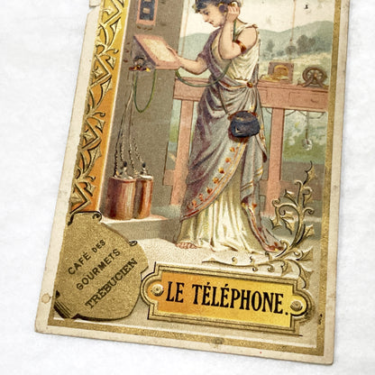 Late 19th - Antique French Chromo Card - Gourmets Coffee Advertising - Elegant Woman on Telephone - Historical Communication