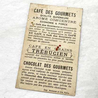 Late 19th - Antique French Chromo Card - Gourmets Coffee Advertising - Elegant Woman on Telephone - Historical Communication