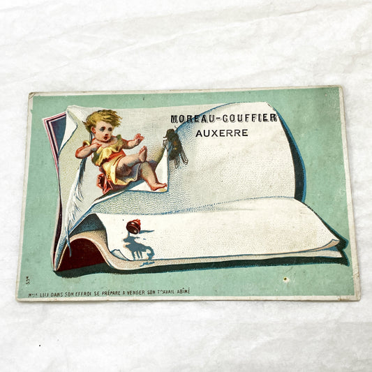 Late 19th - French Advertising Card - Chromolithograph Baby & Fly Illustration - Auxerre Store Advertisement - Vintage Ephemera