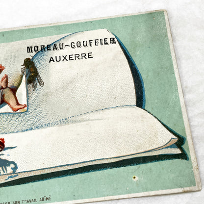 Late 19th - French Advertising Card - Chromolithograph Baby & Fly Illustration - Auxerre Store Advertisement - Vintage Ephemera