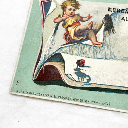 Late 19th - French Advertising Card - Chromolithograph Baby & Fly Illustration - Auxerre Store Advertisement - Vintage Ephemera