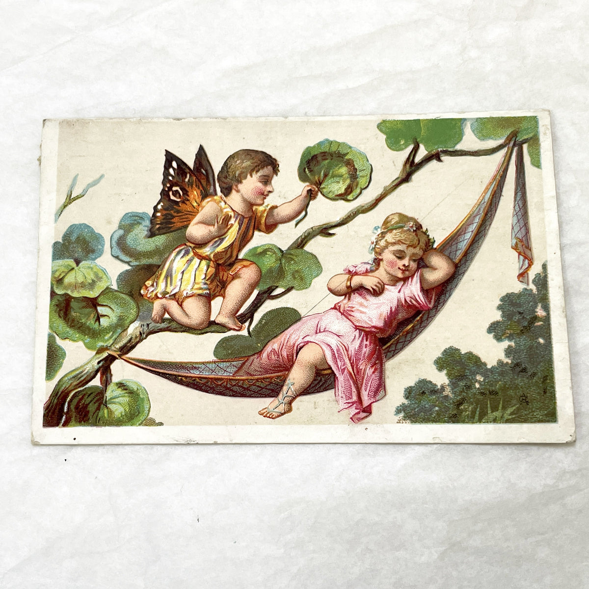 Late 19th - Antique French Trade Card - Chromolithograph Cherubs and Sleeping Child - Auxerre Advertisement - Vintage Ephemera Collectible