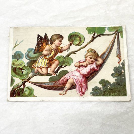 Late 19th - Antique French Trade Card - Chromolithograph Cherubs and Sleeping Child - Auxerre Advertisement - Vintage Ephemera Collectible