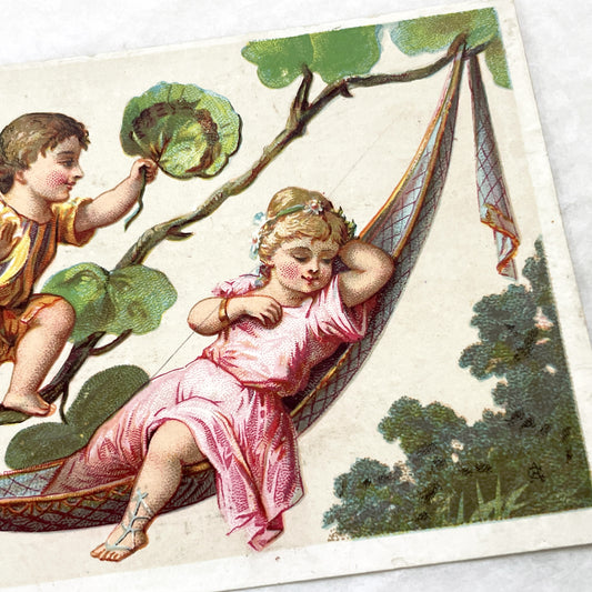 Late 19th - Antique French Trade Card - Chromolithograph Cherubs and Sleeping Child - Auxerre Advertisement - Vintage Ephemera Collectible
