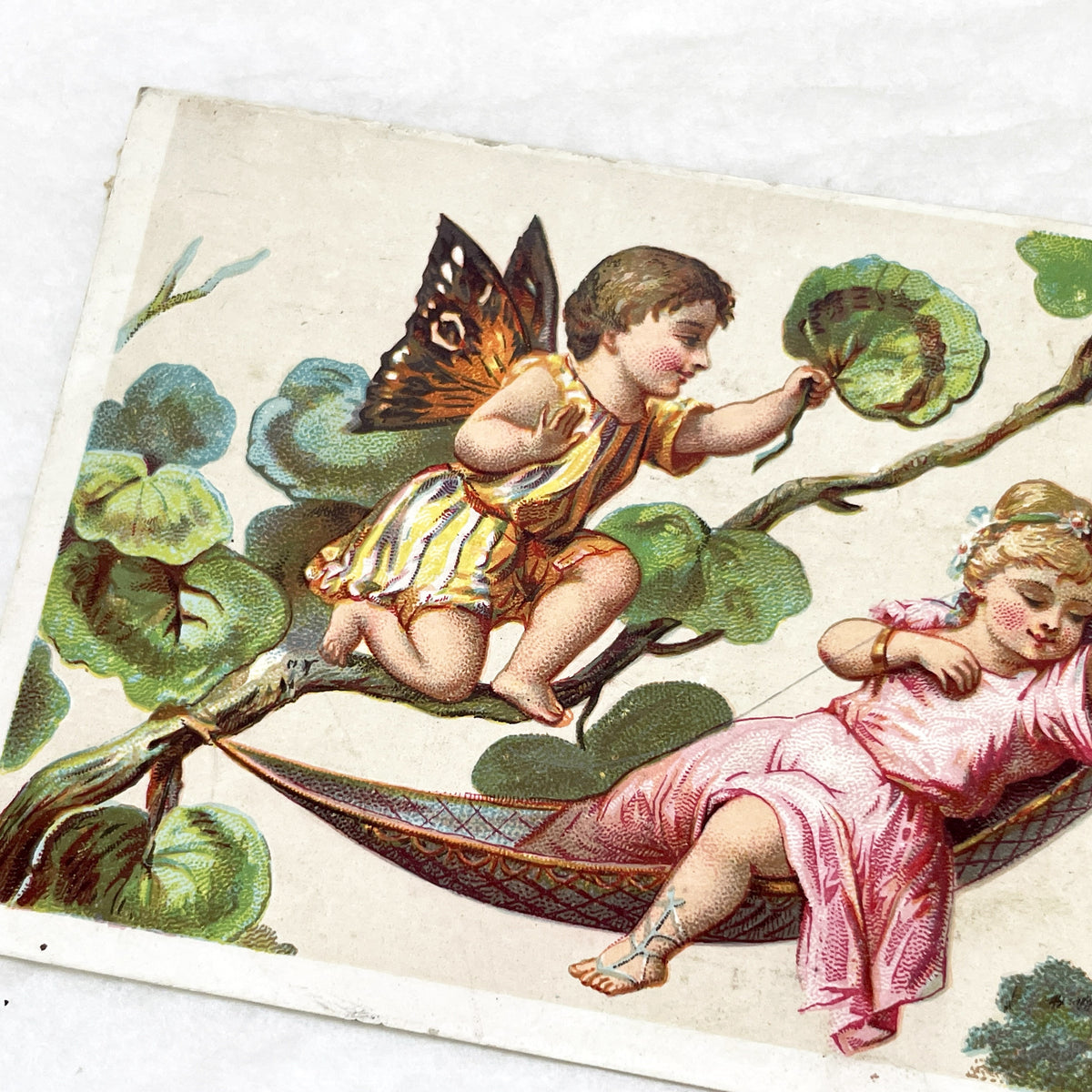 Late 19th - Antique French Trade Card - Chromolithograph Cherubs and Sleeping Child - Auxerre Advertisement - Vintage Ephemera Collectible