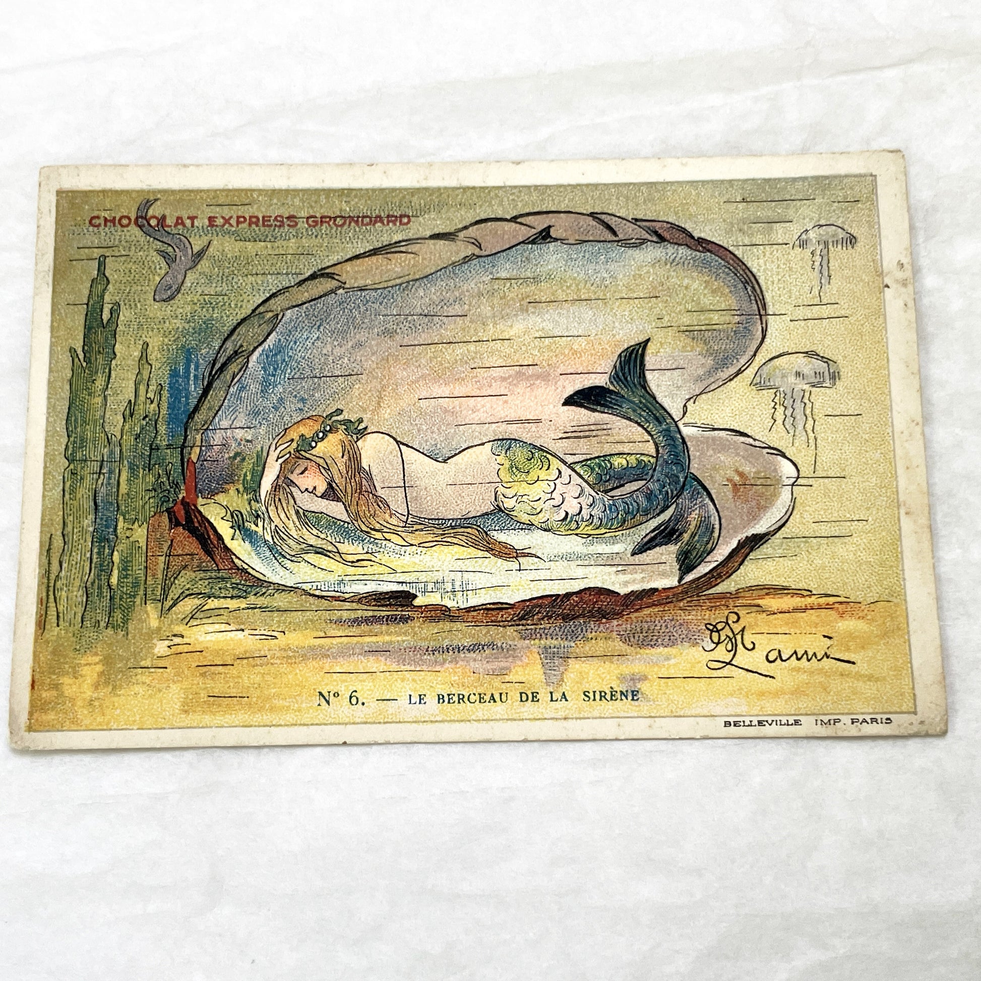 1900s - Vintage French Advertising Chromo Card - Sleeping Mermaid Oyster Shell - Chocolat Express Grondard - Fantasy Sea Art Collectible