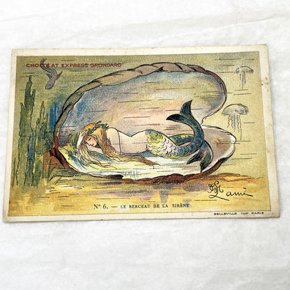 1900s - Vintage French Advertising Chromo Card - Sleeping Mermaid Oyster Shell - Chocolat Express Grondard - Fantasy Sea Art Collectible