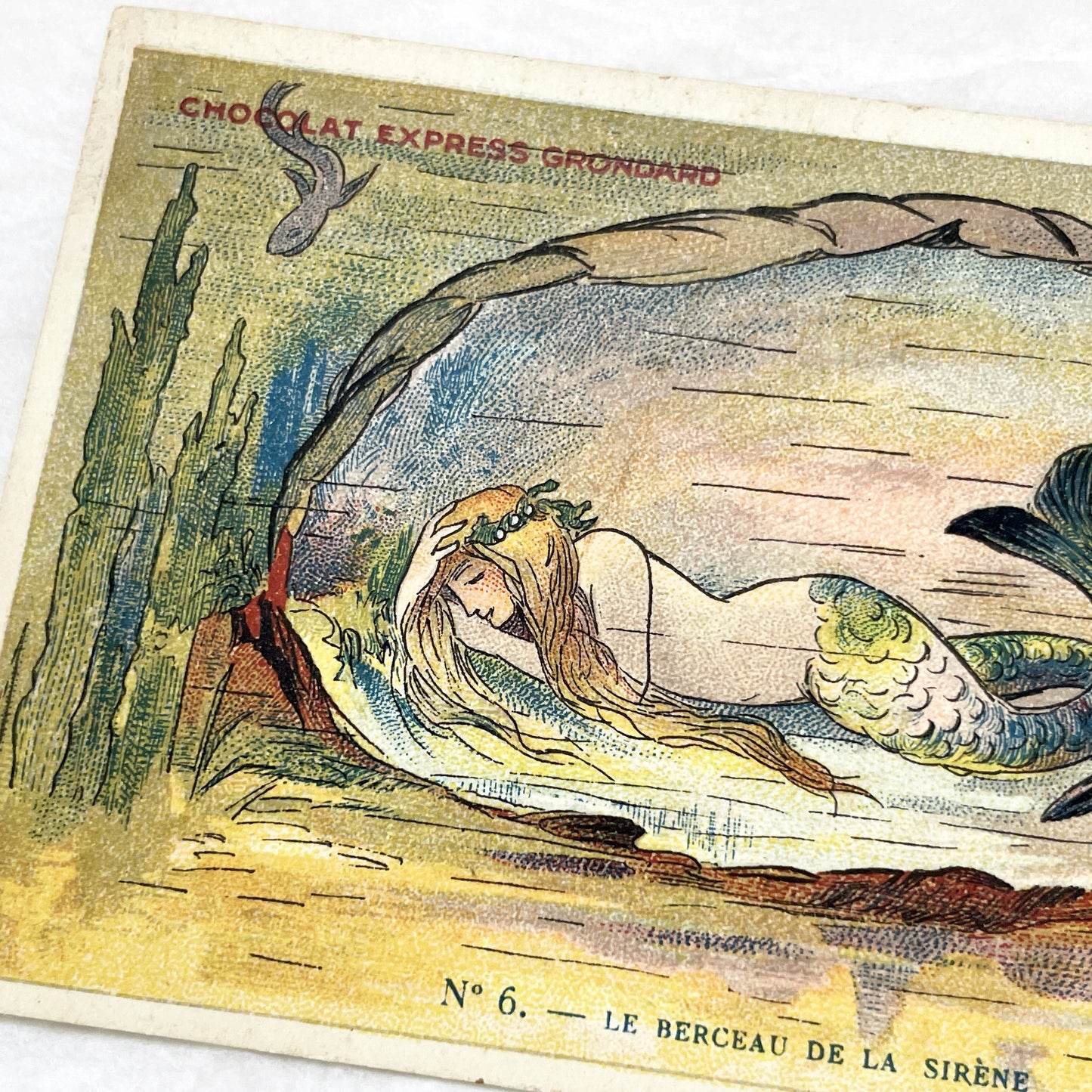 1900s - Vintage French Advertising Chromo Card - Sleeping Mermaid Oyster Shell - Chocolat Express Grondard - Fantasy Sea Art Collectible