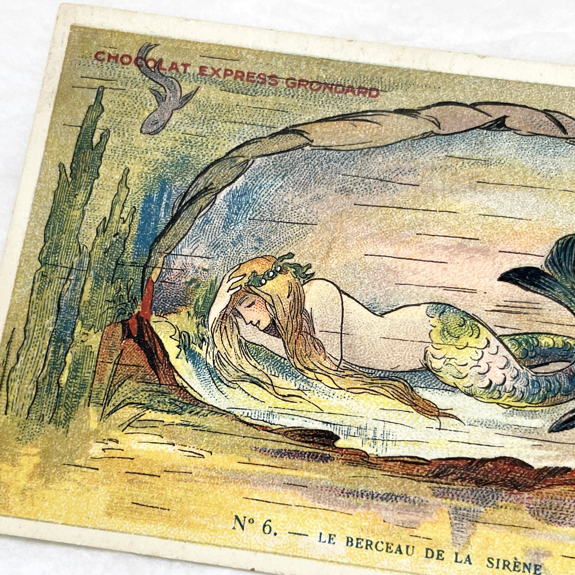 1900s - Vintage French Advertising Chromo Card - Sleeping Mermaid Oyster Shell - Chocolat Express Grondard - Fantasy Sea Art Collectible