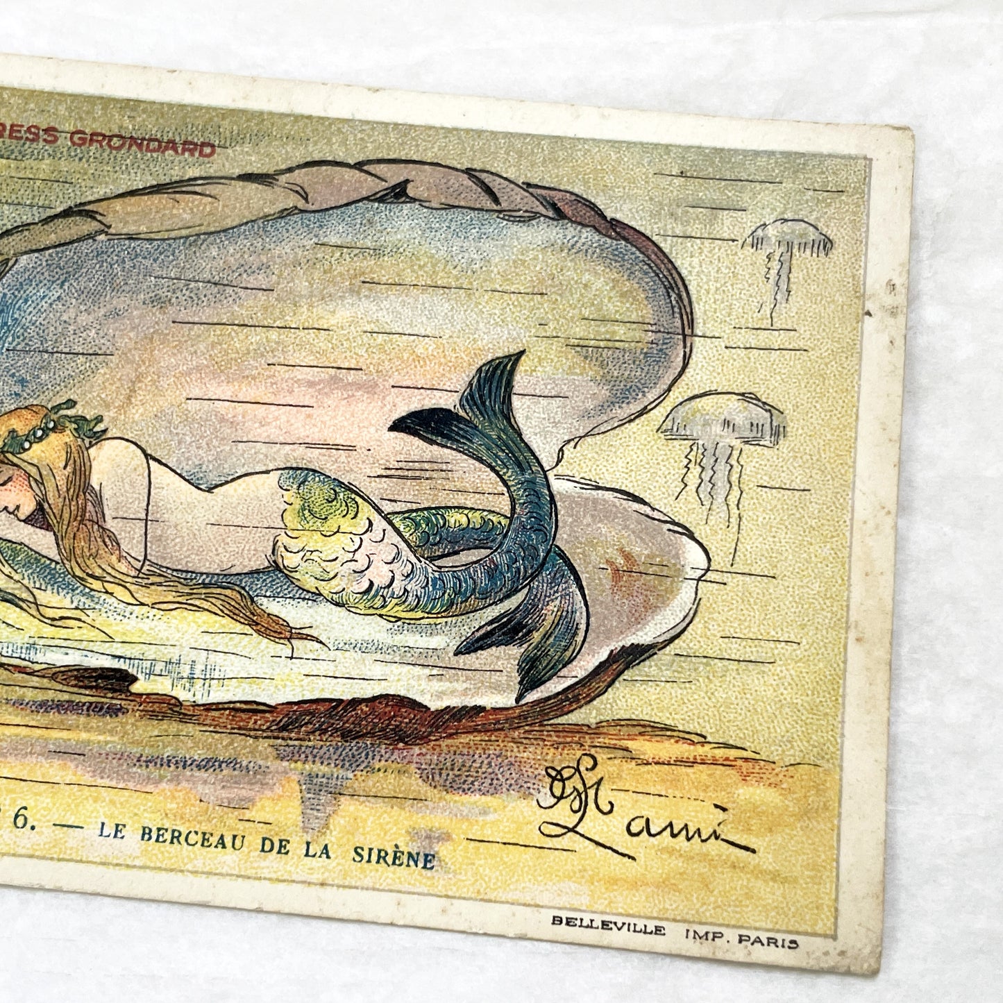 1900s - Vintage French Advertising Chromo Card - Sleeping Mermaid Oyster Shell - Chocolat Express Grondard - Fantasy Sea Art Collectible