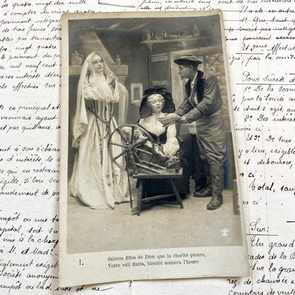1900s - Antique French Postcard - Nun And Woman At Spinning Wheel - Religious Allegory - Vintage Sepia Photograph - Dramatic Scene
