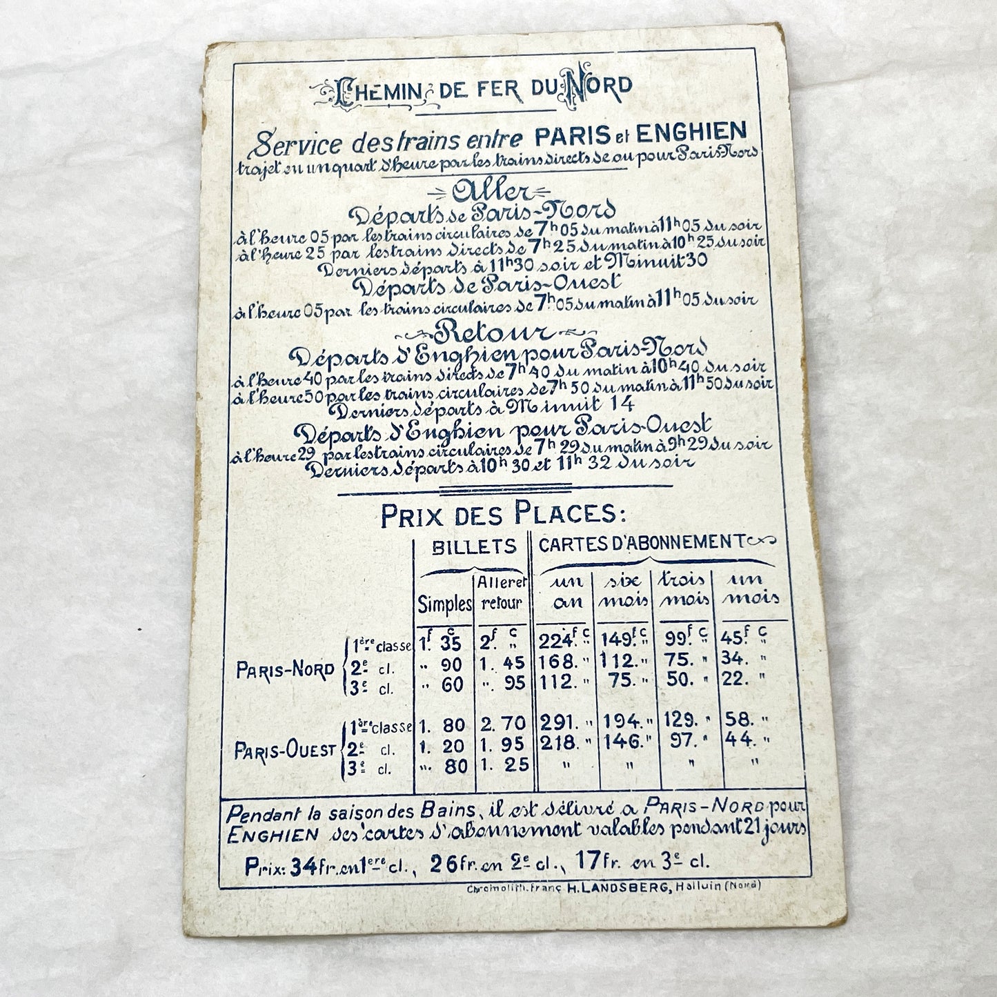 1900s - Vintage French Enghien Les Bains Railway Promotional Card - Chemin De Fer Du Nord Travel Advertisement - Antique Train Schedule