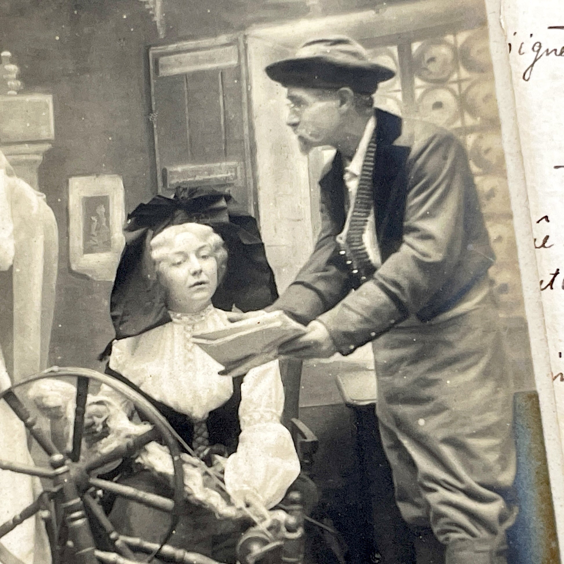 1900s - Antique French Postcard - Nun And Woman At Spinning Wheel - Religious Allegory - Vintage Sepia Photograph - Dramatic Scene