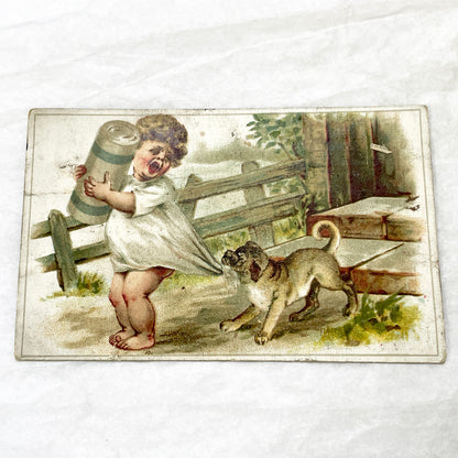 Late 19th - Vintage French Trade Card - Child and Pug Dog Illustration - Aux Deux Sœurs Advertisement - Collectible Ephemera