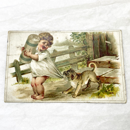 Late 19th - Vintage French Trade Card - Child and Pug Dog Illustration - Aux Deux Sœurs Advertisement - Collectible Ephemera