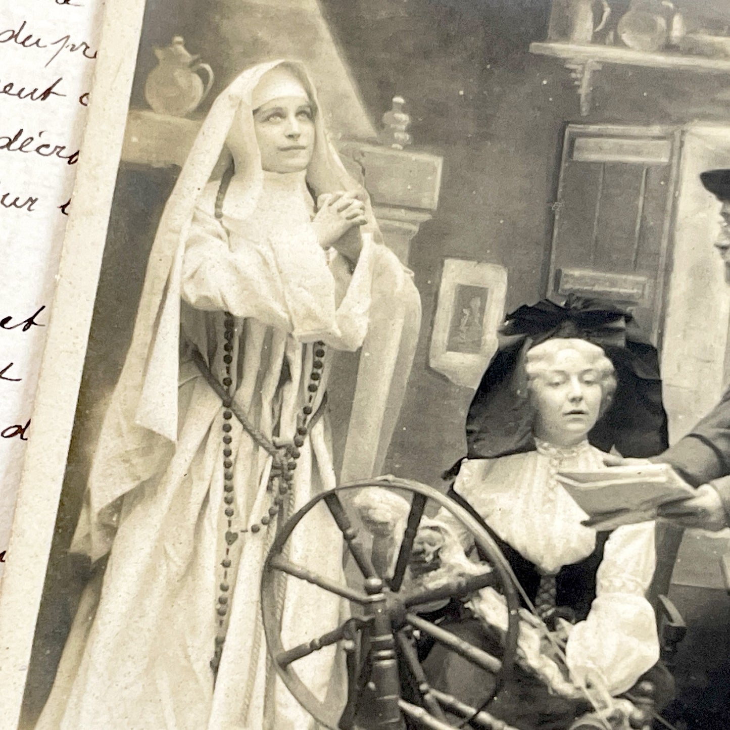 1900s - Antique French Postcard - Nun And Woman At Spinning Wheel - Religious Allegory - Vintage Sepia Photograph - Dramatic Scene