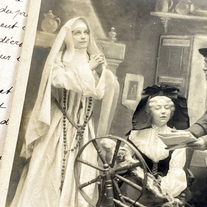 1900s - Antique French Postcard - Nun And Woman At Spinning Wheel - Religious Allegory - Vintage Sepia Photograph - Dramatic Scene