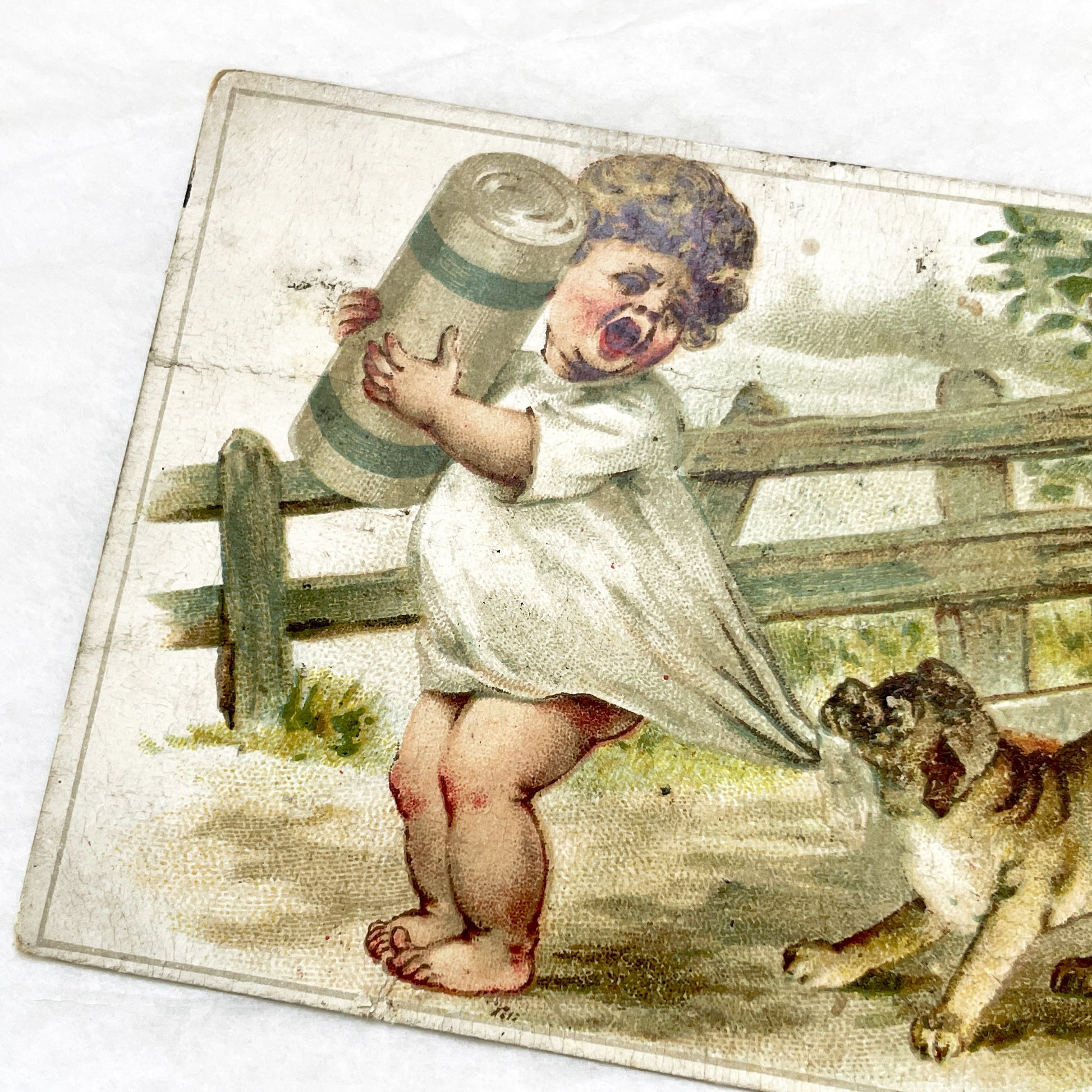 Late 19th - Vintage French Trade Card - Child and Pug Dog Illustration - Aux Deux Sœurs Advertisement - Collectible Ephemera