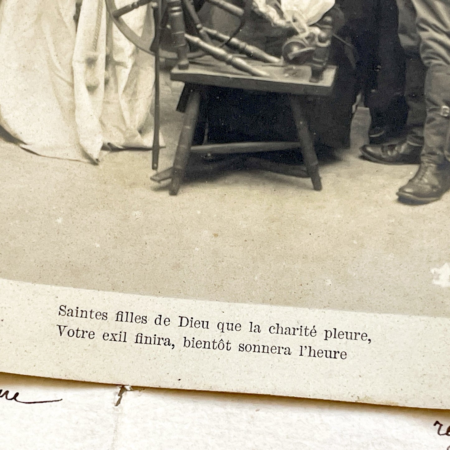 1900s - Antique French Postcard - Nun And Woman At Spinning Wheel - Religious Allegory - Vintage Sepia Photograph - Dramatic Scene