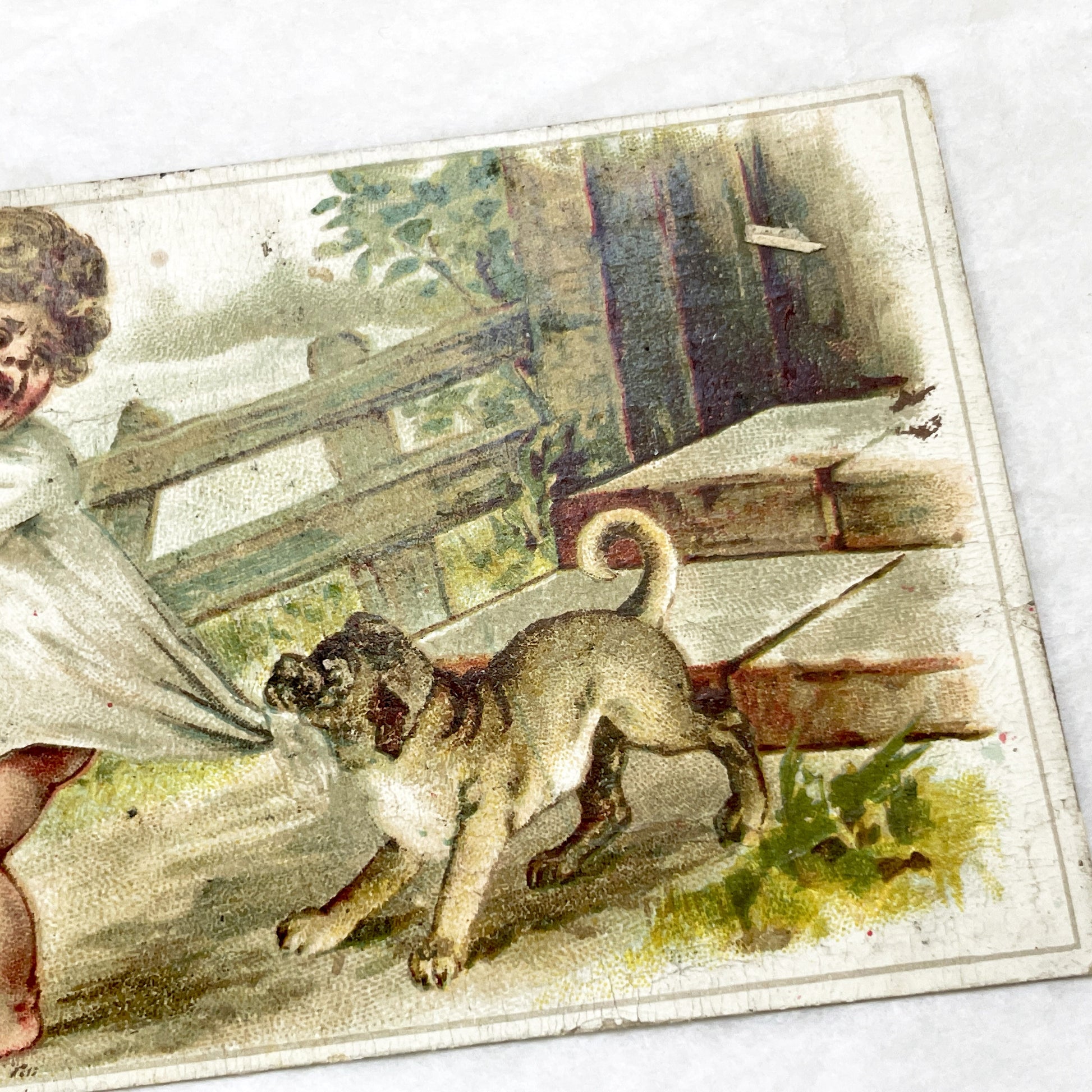Late 19th - Vintage French Trade Card - Child and Pug Dog Illustration - Aux Deux Sœurs Advertisement - Collectible Ephemera