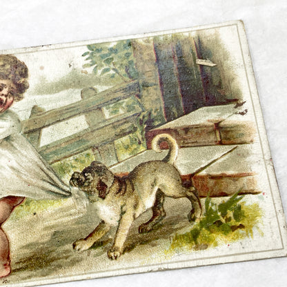 Late 19th - Vintage French Trade Card - Child and Pug Dog Illustration - Aux Deux Sœurs Advertisement - Collectible Ephemera