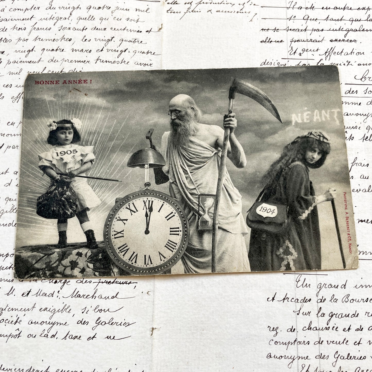 1900s - Antique French New Year Postcard - Allegorical Scene - Father Time - 1905 Child - Old Year 1904 - Collectible Card