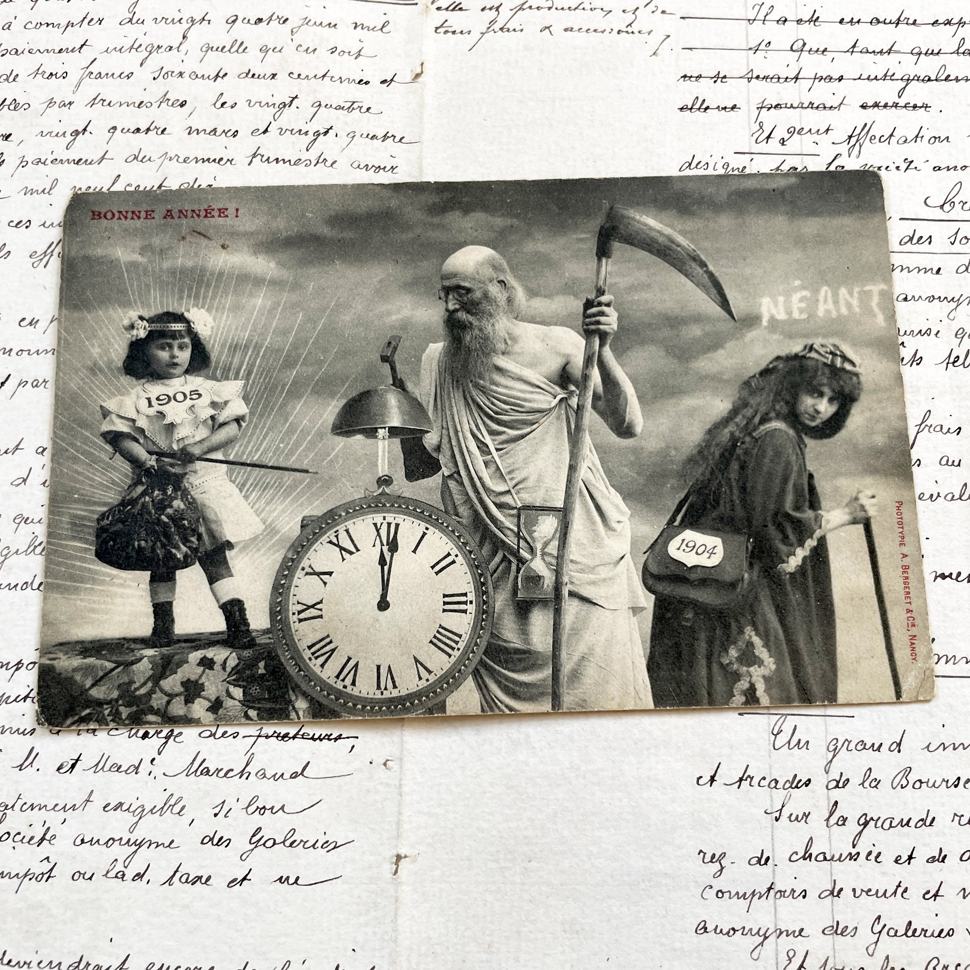 1900s - Antique French New Year Postcard - Allegorical Scene - Father Time - 1905 Child - Old Year 1904 - Collectible Card