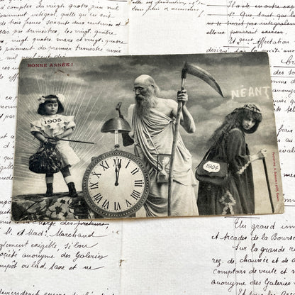 1900s - Antique French New Year Postcard - Allegorical Scene - Father Time - 1905 Child - Old Year 1904 - Collectible Card