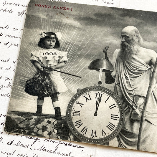 1900s - Antique French New Year Postcard - Allegorical Scene - Father Time - 1905 Child - Old Year 1904 - Collectible Card