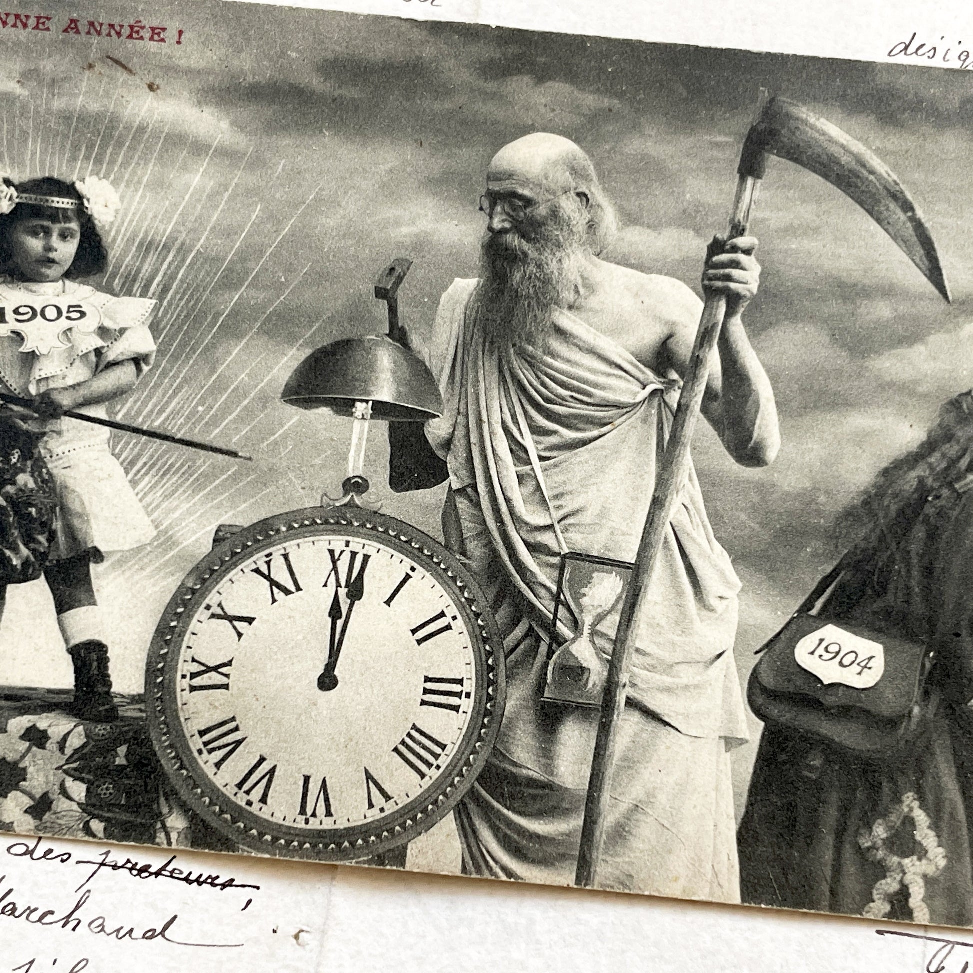 1900s - Antique French New Year Postcard - Allegorical Scene - Father Time - 1905 Child - Old Year 1904 - Collectible Card