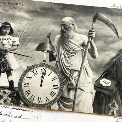 1900s - Antique French New Year Postcard - Allegorical Scene - Father Time - 1905 Child - Old Year 1904 - Collectible Card