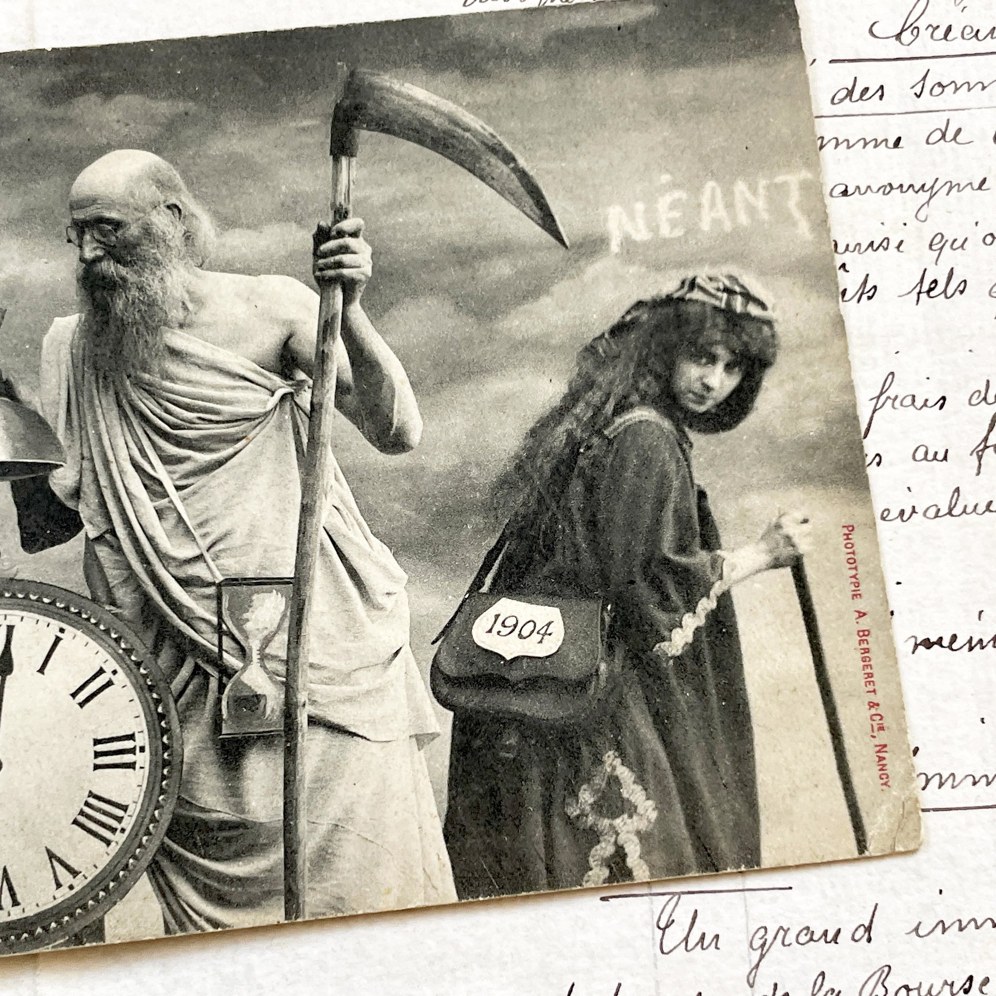 1900s - Antique French New Year Postcard - Allegorical Scene - Father Time - 1905 Child - Old Year 1904 - Collectible Card