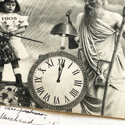 1900s - Antique French New Year Postcard - Allegorical Scene - Father Time - 1905 Child - Old Year 1904 - Collectible Card