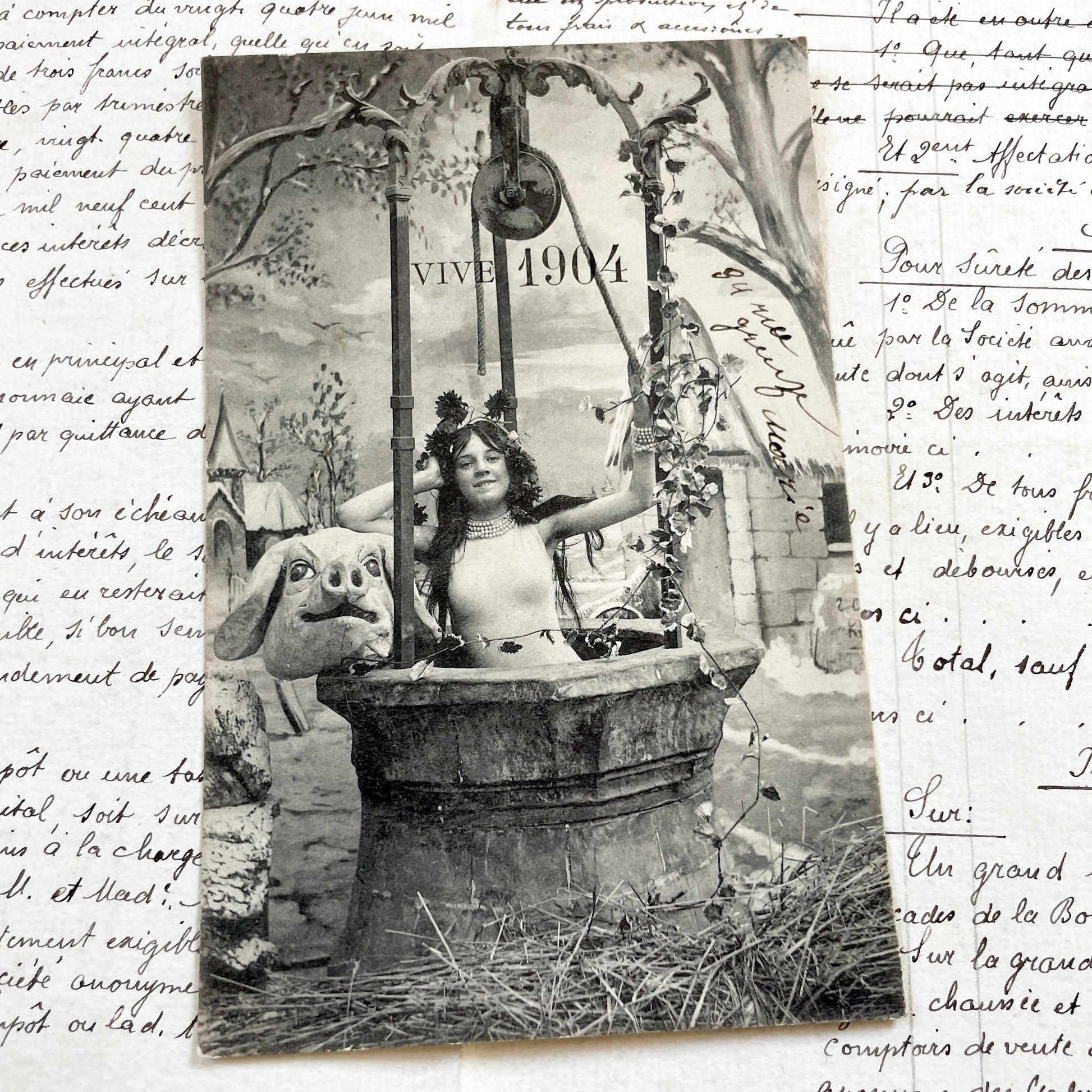 1900s - Vintage French Postcard - Vive 1904 - Allegorical New Year's Well Scene - Woman Pig Head - Antique Collectible