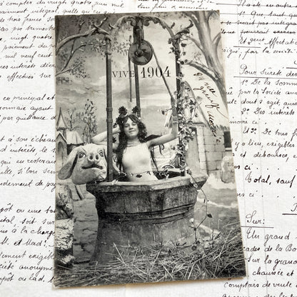 1900s - Vintage French Postcard - Vive 1904 - Allegorical New Year's Well Scene - Woman Pig Head - Antique Collectible