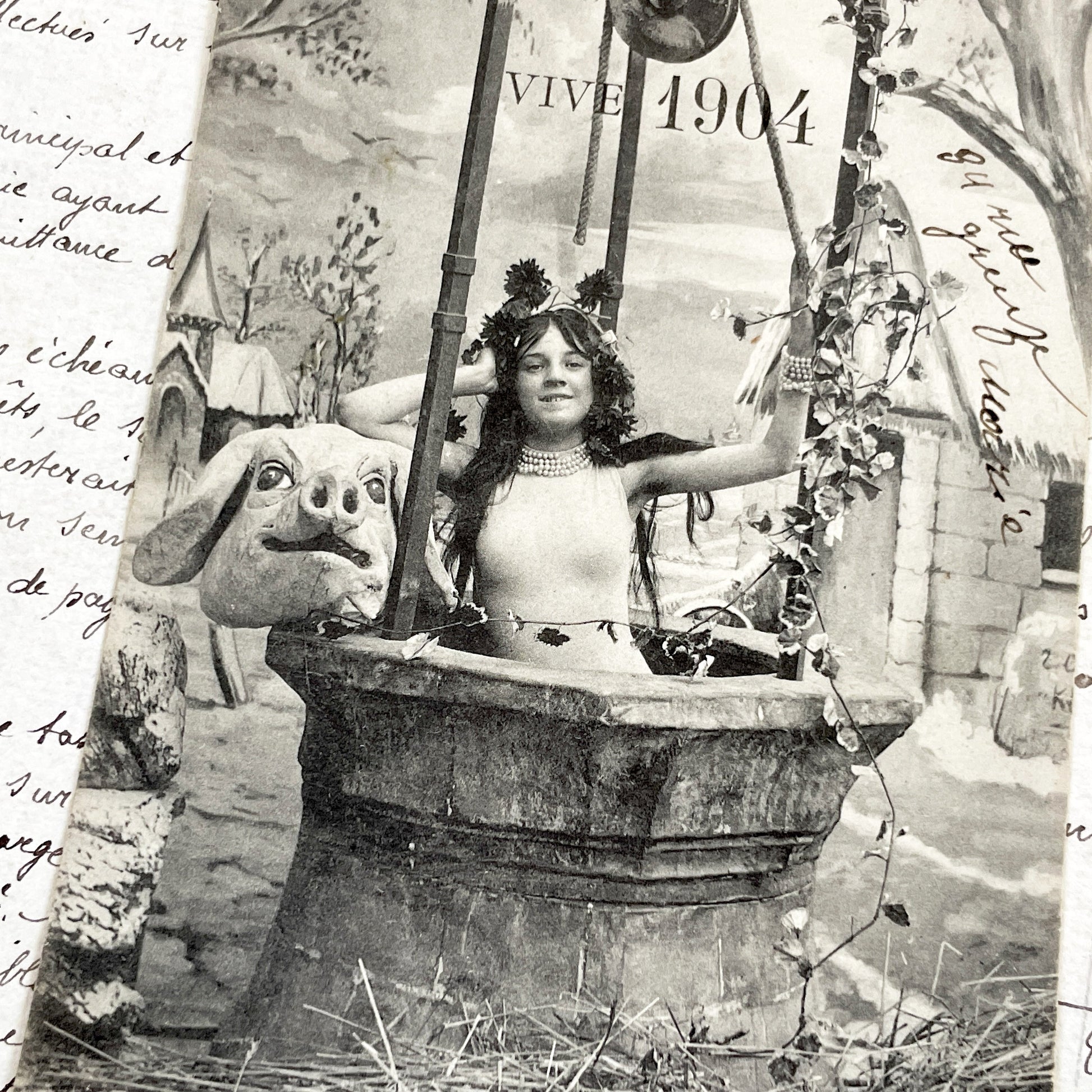 1900s - Vintage French Postcard - Vive 1904 - Allegorical New Year's Well Scene - Woman Pig Head - Antique Collectible