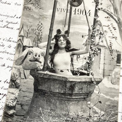 1900s - Vintage French Postcard - Vive 1904 - Allegorical New Year's Well Scene - Woman Pig Head - Antique Collectible