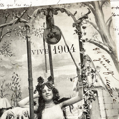 1900s - Vintage French Postcard - Vive 1904 - Allegorical New Year's Well Scene - Woman Pig Head - Antique Collectible