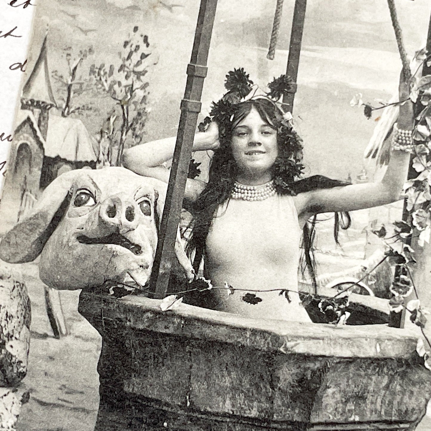 1900s - Vintage French Postcard - Vive 1904 - Allegorical New Year's Well Scene - Woman Pig Head - Antique Collectible